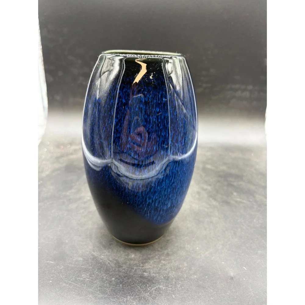 Blue Black Drip Glaze Ceramic Vase Ribbed Art Pottery Home Decor 7 Inch